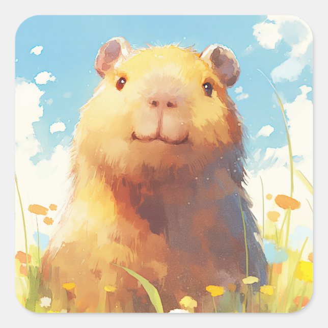Capybara in the Meadow Square Sticker (Front)