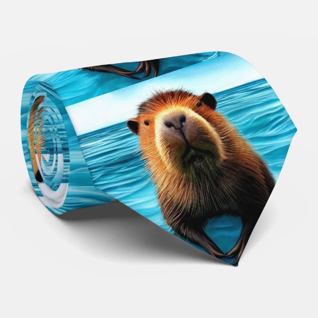 Capybara in The Water  Pattern Neck Tie (Rolled)