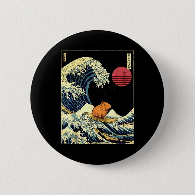 Capybara Japanese Kanagawa Wave Funny Surf Animal  Button (Front)