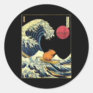 Capybara Japanese Kanagawa Wave Funny Surf Animal  Classic Round Sticker