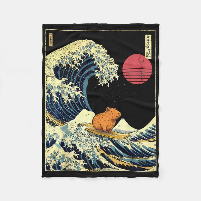 Capybara Japanese Kanagawa Wave Funny Surf Animal  Fleece Blanket (Front)
