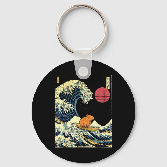 Capybara Japanese Kanagawa Wave Funny Surf Animal  Keychain (Front)