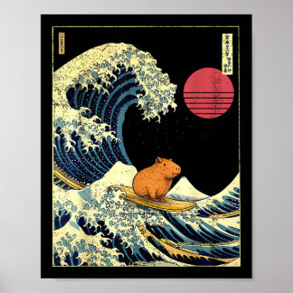 Capybara Japanese Kanagawa Wave Funny Surf Animal Poster