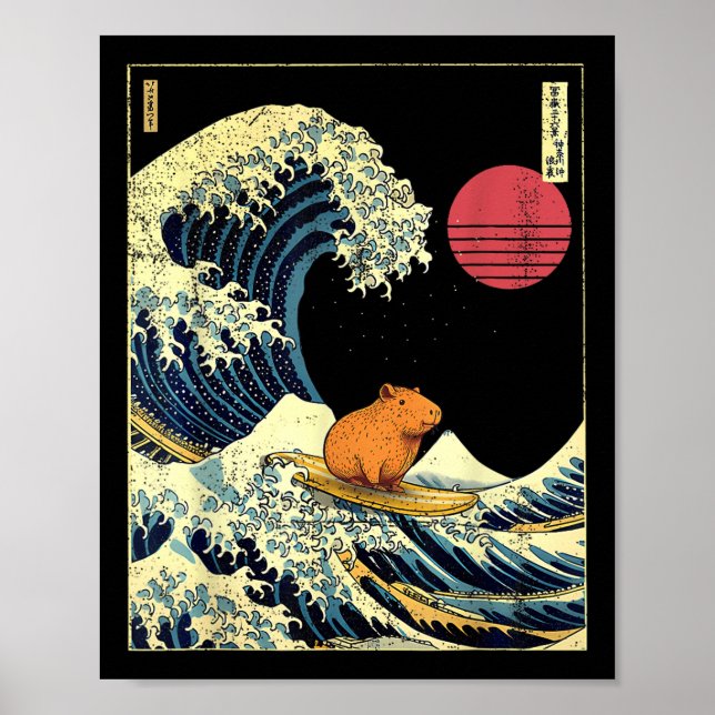 Capybara Japanese Kanagawa Wave Funny Surf Animal  Poster (Front)
