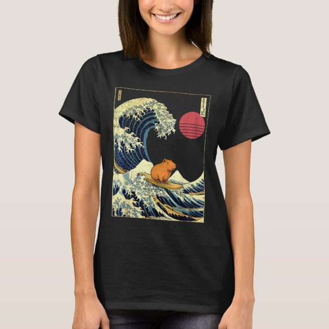 Capybara Japanese Kanagawa Wave Funny Surf Animal  T-Shirt (Front)