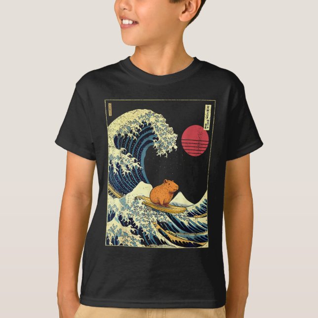Capybara Japanese Kanagawa Wave Funny Surf Animal  T-Shirt (Front)
