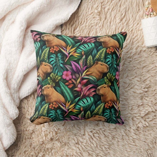 Capybara Jungle Dreams Seamless Surface Pattern Throw Pillow (Blanket)
