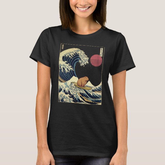 Capybara Kanagawa Wave Funny Surf Animal T-Shirt (Front)
