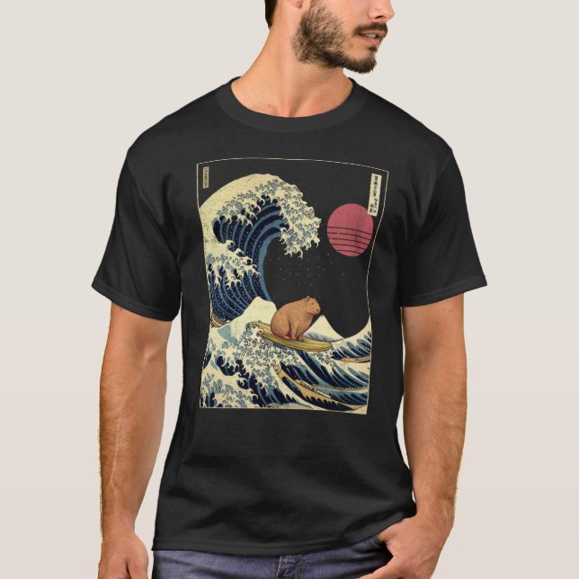Capybara Kanagawa Wave Funny Surf Animal T-Shirt (Front)