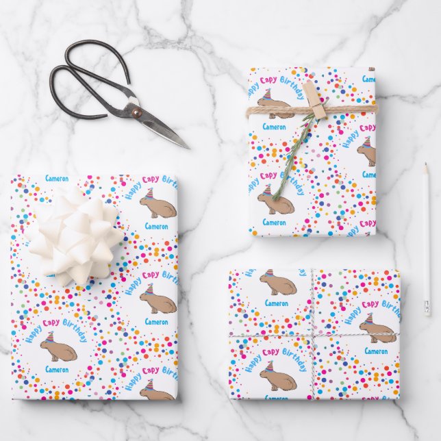 Capybara Kids Birthday Colorful Personalized Wrapping Paper Sheets (Front)