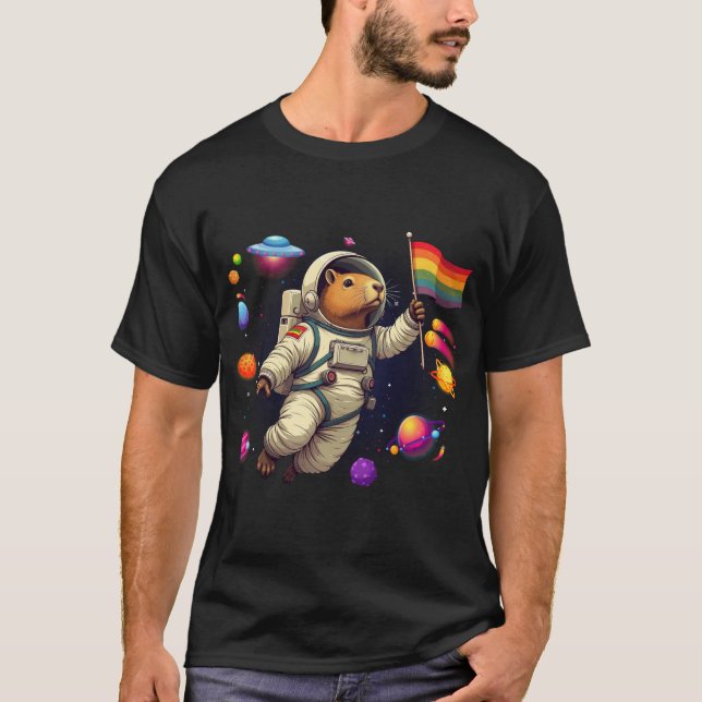 Capybara LGBTQ in Space: Fun UFO Adventure T-Shirt (Front)