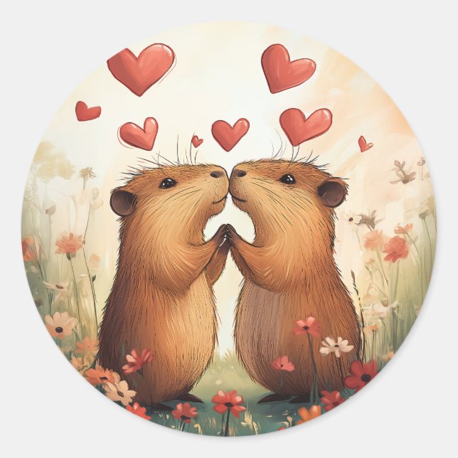 Capybara Love - A Romantic Meadow Moment Classic Round Sticker (Front)