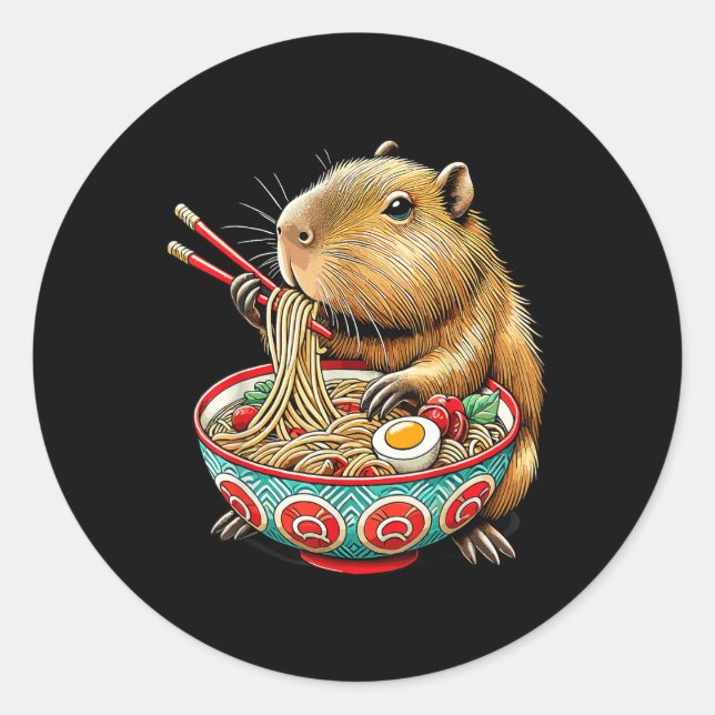 Capybara Loves Noodle Capybara Eating Japanese Ram Classic Round Sticker (Front)