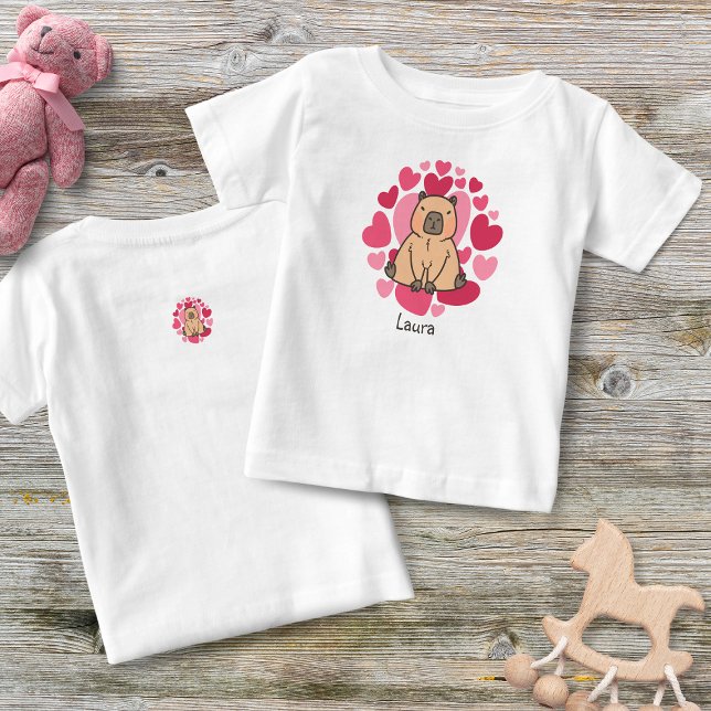 Capybara Loves with Lots of Hearts Personalized Baby T-Shirt (Baby girl's t-shirt with capybara and  lots of love.)