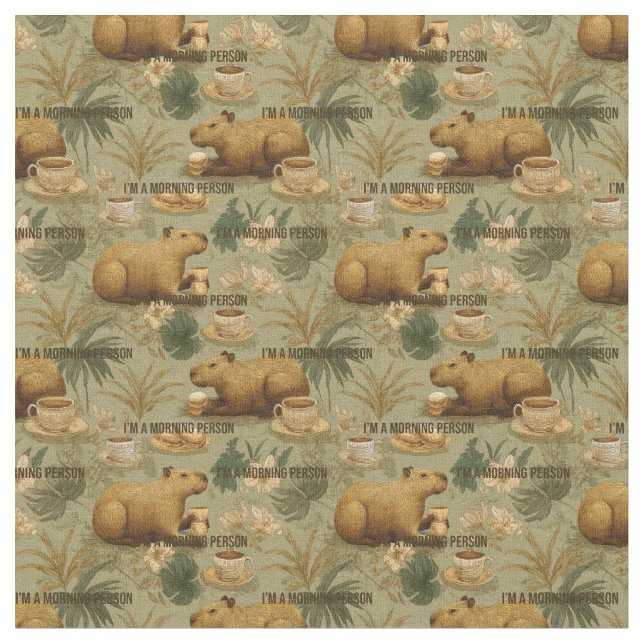 Capybara Morning Coffee Breakfast Botanical Art Fabric (Close Up)