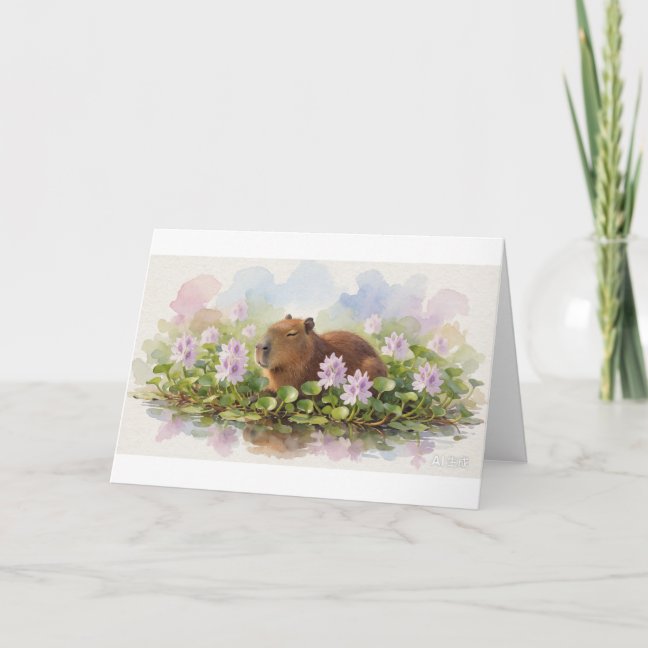 Capybara Napping Among The Water Hyacinths Greetin Card