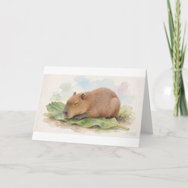 Capybara Napping Beside The Banana Leaf Greeting C Card