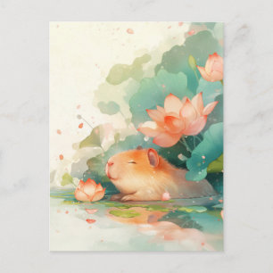 Capybara Napping in Pink Lotus Flower Pond Postcard