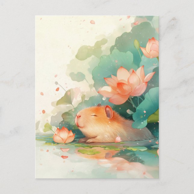 Capybara Napping in Pink Lotus Flower Pond Postcard (Front)