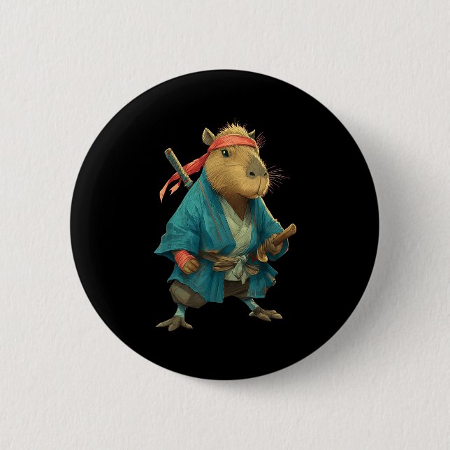 Capybara Ninja Samurai Japan Funny Japanese Graphi Button (Front)