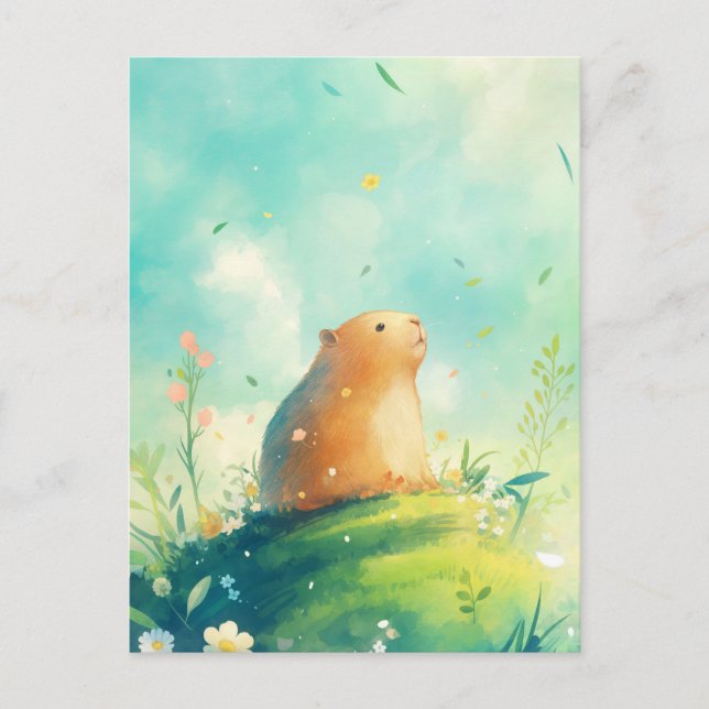 Capybara on Hill with Falling Petals and Leaves Postcard (Front)