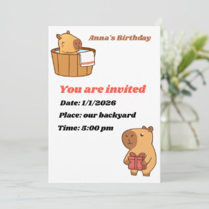 Capybara Party Invitation Card Cute Birthday
