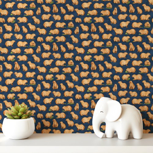 Capybara Pattern On Navy Blue Wallpaper