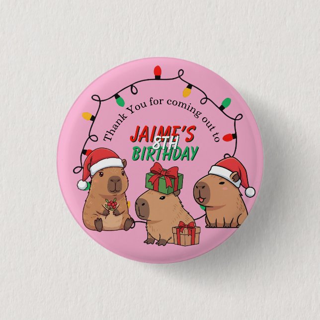 Capybara Pink Christmas Holiday Birthday Button (Front)