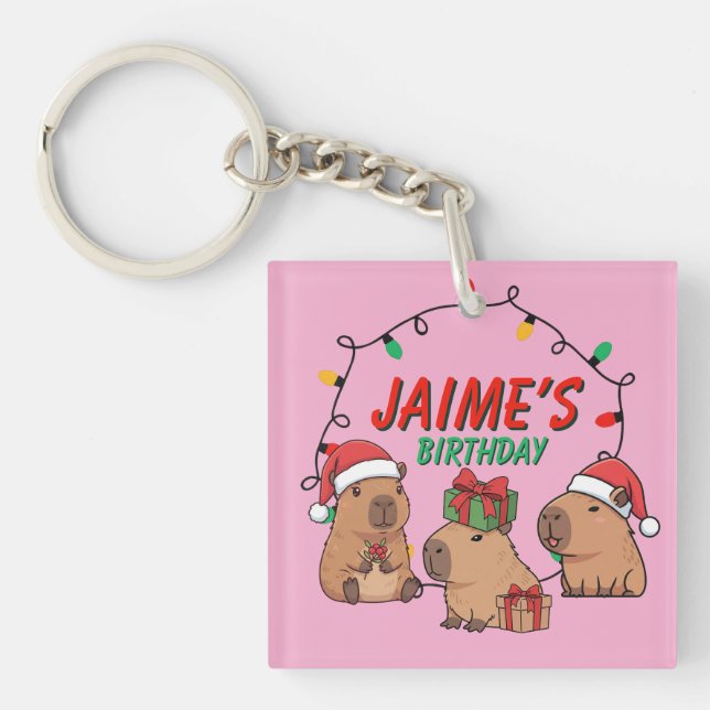 Capybara Pink Christmas Holiday Birthday Keychain (Front)