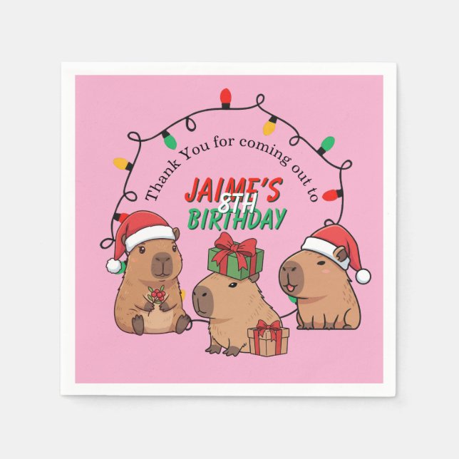 Capybara Pink Christmas Holiday Birthday Napkins (Front)