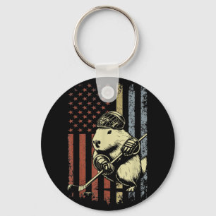 Capybara Playing Hockey American Flag Capybara Hoc Keychain
