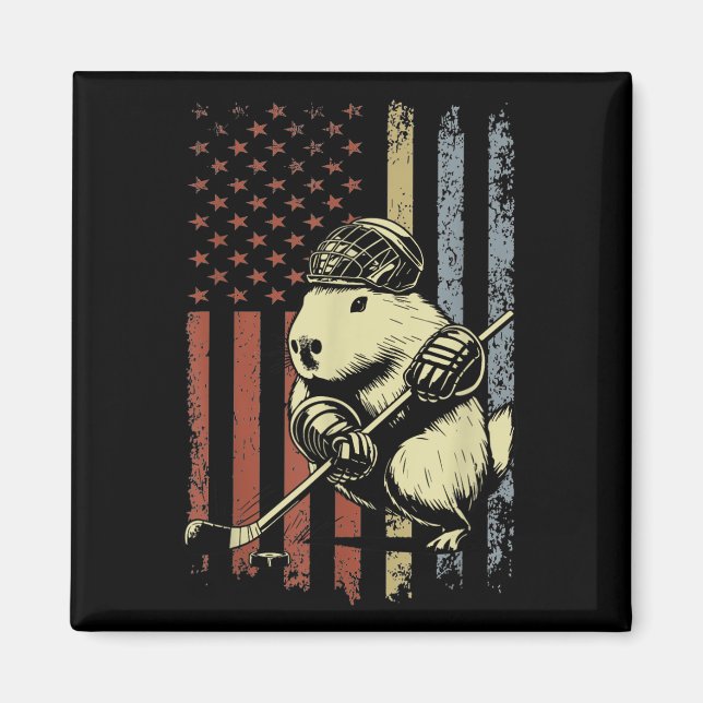 Capybara Playing Hockey American Flag Capybara Hoc Magnet (Front)