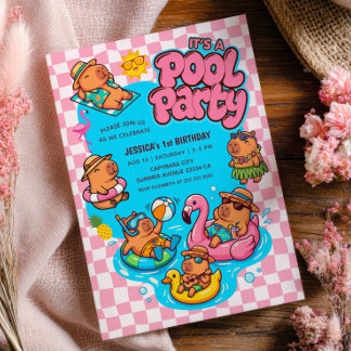 Capybara Pool Party Checkered Pink 1st Birthday Invitation