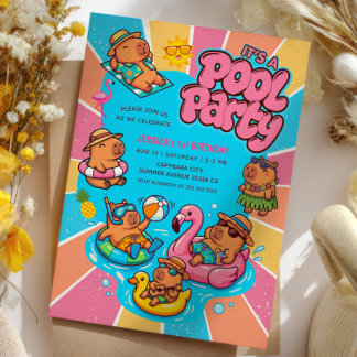 Capybara Pool Party Colorful Sunrays 1st Birthday Invitation