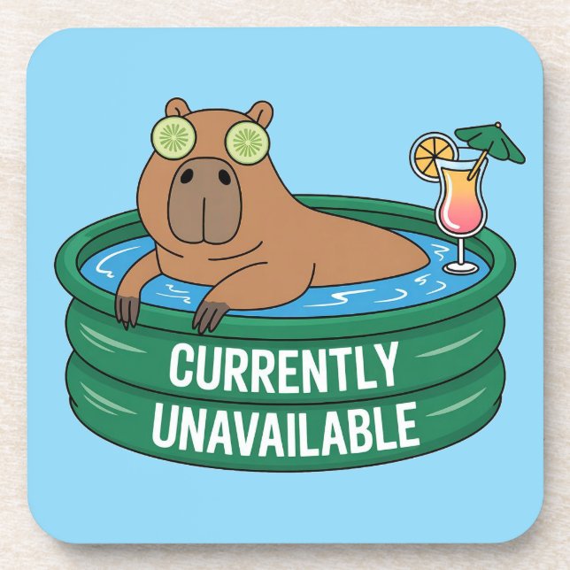 Capybara Pool Relaxation Typography Graphic Beverage Coaster (Front)