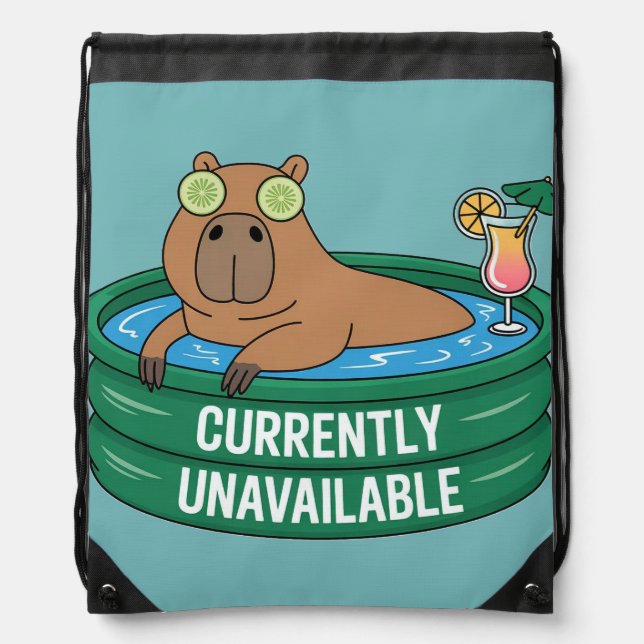 Capybara Pool Relaxation Typography Graphic Drawstring Bag (Front)