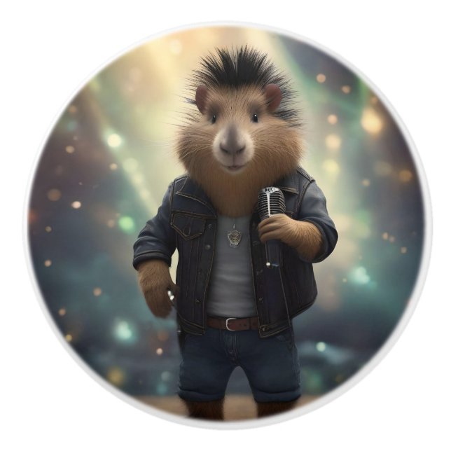 Capybara Punk Rock Singer, Ceramic Knob (Front)