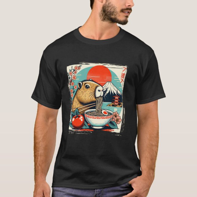 Capybara Ramen Retro Funny Japanese Distressed T-Shirt (Front)