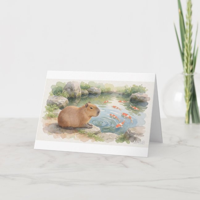 Capybara Resting Beside The Koi Pond Edge Greeting Card