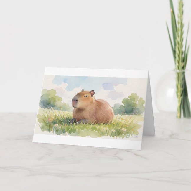Capybara Resting In The Sunlit Grass Field Greetin Card