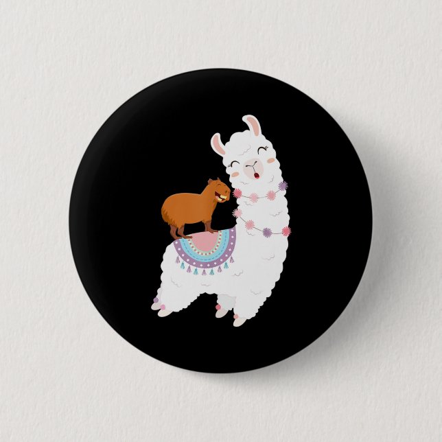 Capybara Riding Llama Funny Capybara Cute Gift Ide Button (Front)