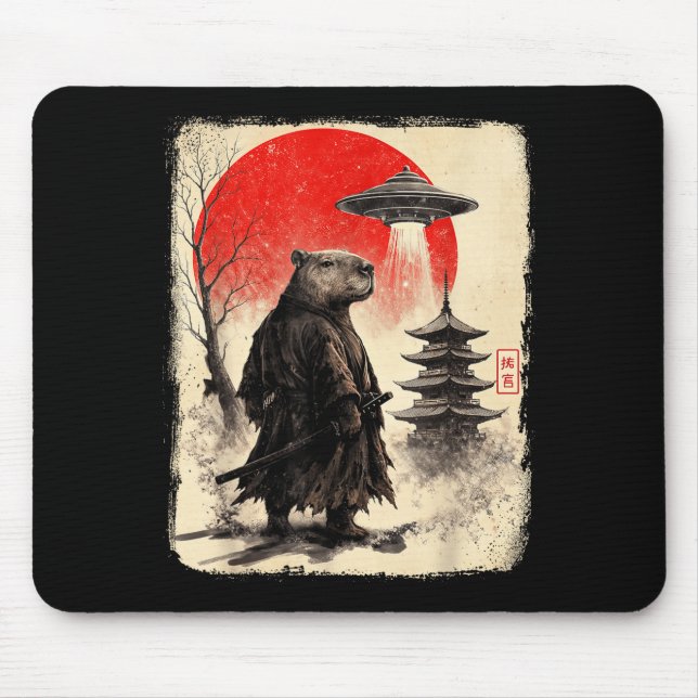 Capybara Samurai Retro Ufo Japanese Warrior Tenshu Mouse Pad (Front)