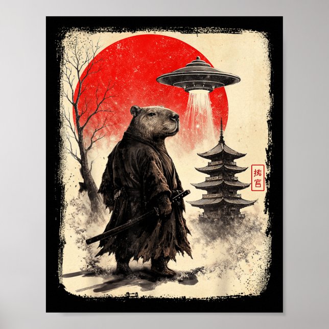 Capybara Samurai Retro Ufo Japanese Warrior Tenshu Poster (Front)