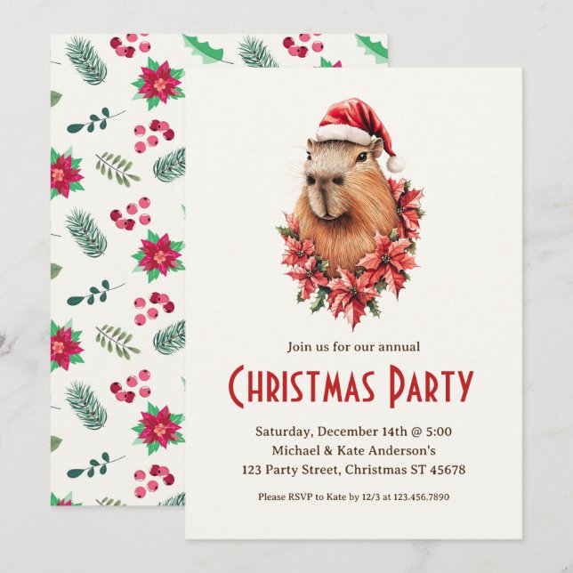 Capybara Santa Hat Poinsettias Christmas Party Invitation (Front/Back)