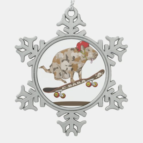 Capybara Skateboard ollie Snowflake Pewter Christmas Ornament