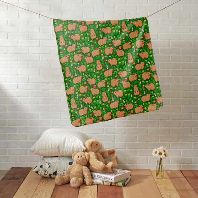 Capybara Sketch with Spring Flowers on Green Baby Blanket (In Situ)