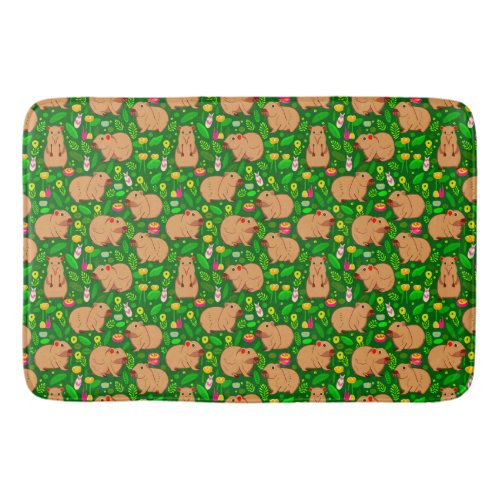 Capybara Sketch with Spring Flowers on Green Bath Mat