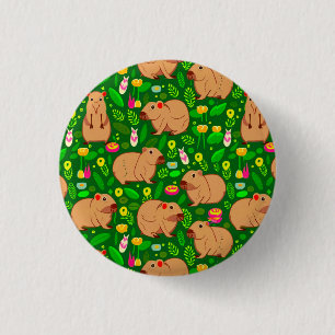 Capybara Sketch with Spring Flowers on Green Button
