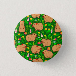 Capybara Sketch with Spring Flowers on Green Button