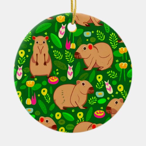 Capybara Sketch with Spring Flowers on Green Ceramic Ornament